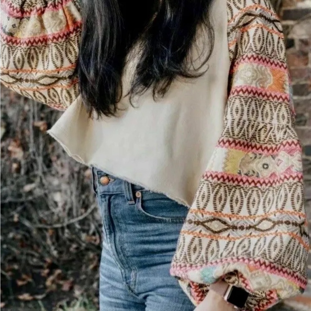 Free People Sweatshirt Gone Global Tan Jacquard Colorful Balloon Sleeves XS